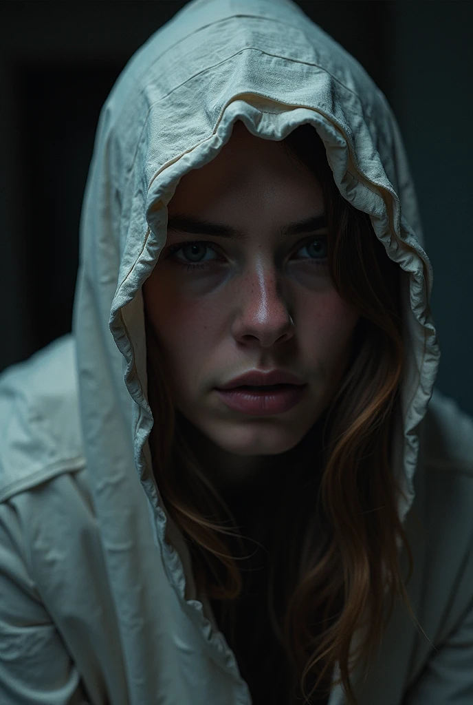 A 20 year old female, messy light brunette hair, in latex cocoon leaving only her head visible, laboratory, doctor office, extremely detailed face and eyes, photorealistic, 8k, masterpiece, hyper detailed, dramatic lighting, cinematic
