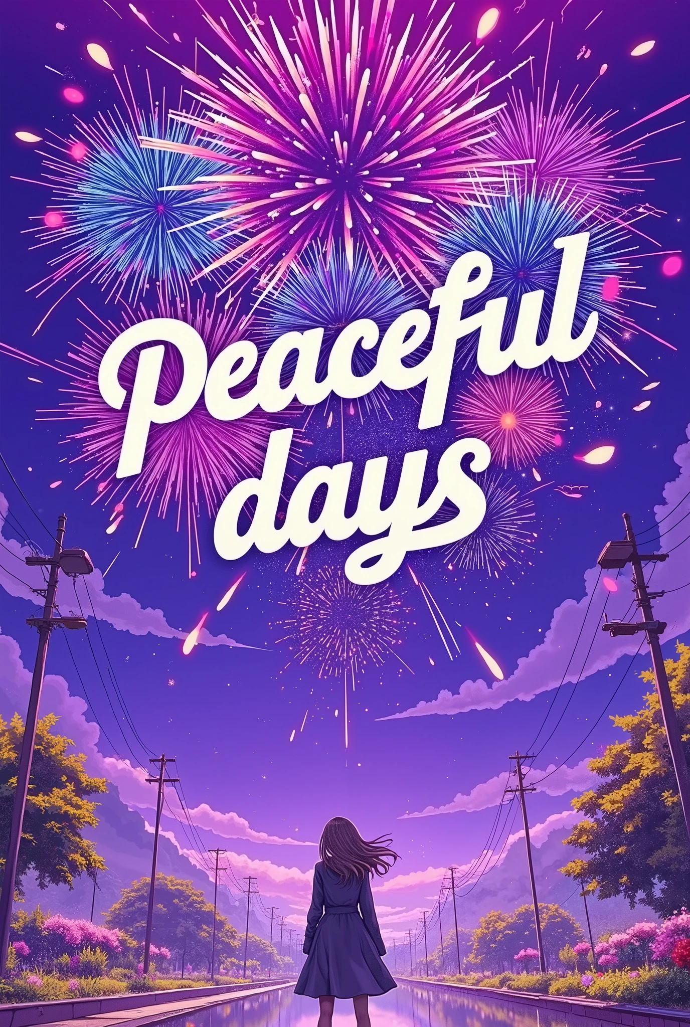 (masterpiece, top quality :1.2),beautiful poster,Gentle illustrations,(((middle space says"Cherish peaceful days"))), Please write your text in capital letters,BEAUTIFUL TEXT DESIGN ,background/( purple sky, fireworks on both sides , beautiful fireworks over the water ,pastel fireworks, fireworks are reflected on the surface of the water,casual ripples ,,Urban Harbor , strong contrast 