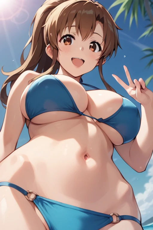 Best Quality, Ultra-Detailed,,1girl, Solo, Nikkeanis, Cross-Eyed, short_hair, open_mouth, Large breasts, Very Bending Down, Near, Big Thigh, brown_hair, hair_ornament, brown_eyes,yellow_eyes, Beret, Cowboy Shot, (Bikini:1.3), Beach, Summer, Silky Pale White, Shiny Skin