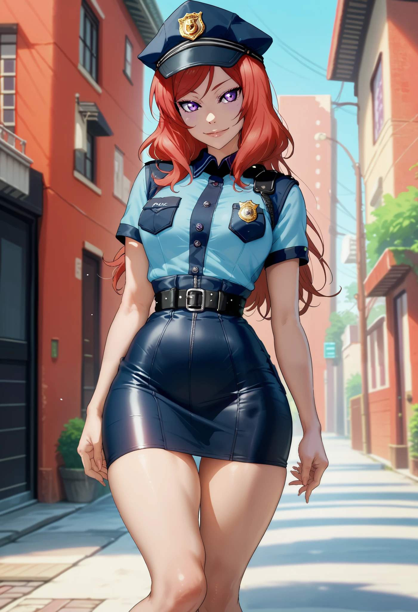 Female, Red hair, nishikino maki, Outdoors, RUKIA Style,long hair, purple eyes,looking at viewer,seductive smile,thin torso, narrow waist, police clothes,short skintight skirt, police cap,long girl