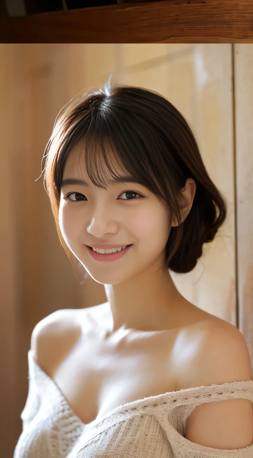 masterpiece,best quality,(Japanese girl),((Beautiful girl)),cleavage,(off shoulder:1.2),studio,(perfect body beauty:1.2),(shy smile),beautiful teeth,