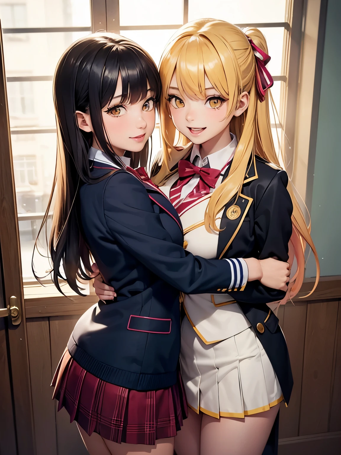  top quality ，8k，smile， blazer，Uniform ribbon， ， high school girl，Multiple girls are depicted ， colorful fashion， harem， idol group， photoshoot， long hair， cardigan， top quality ，Big Breasted ， happy girl , horny girl， yellow eyes，perfect face，Standing， horny girl， girls hugging each other，One person&#39;s Bangs， beautiful eyes,corridor, girls hugging each other, smooth hair ，What hair color does it look like 々，  rolling up her skirt by herself ， beautiful girl ， beautiful girl ，  loose socks