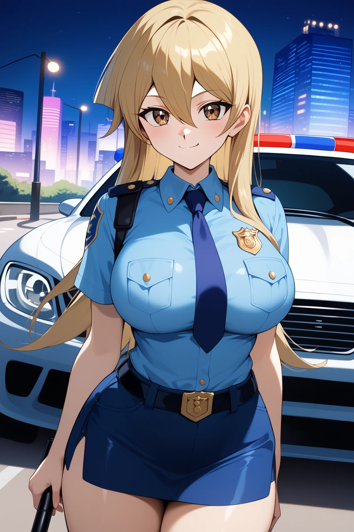 masterpiece,best quality,{{detailed beautiful face and eyes}}, 
Tenjouin Asuka,long hair,blonde hair,hair between eyes,brown eyes,large breasts,
blue police officer,dark blue miniskirt,
1girl,(is smug:1.0),
 ((standing next to a police car,have a black baton,cowboy shot,looking at viewer:1.2)), 
(city,night:1.0),clothed