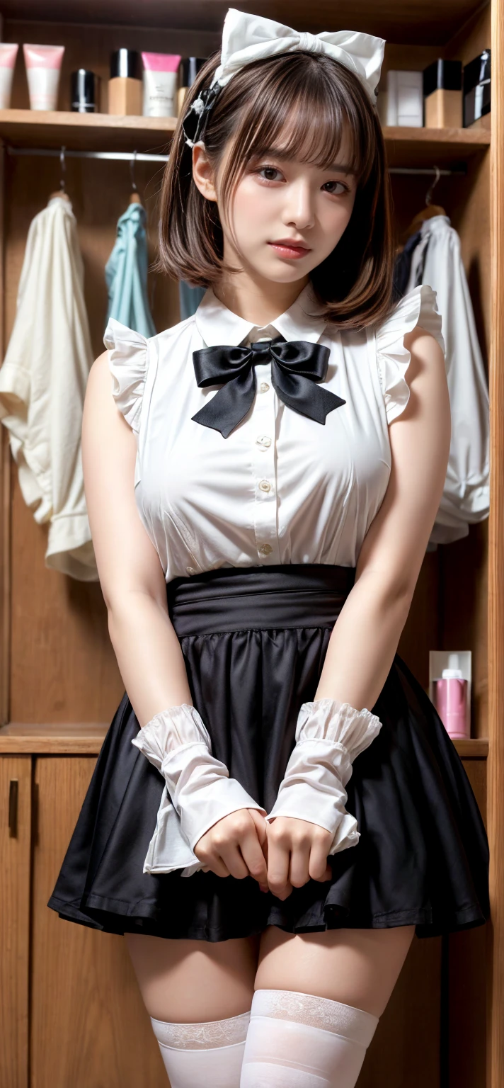 ((masterpiece)),(((highest quality))),((Reference Sheet, Character Design, front, return, ~ ~ ~ side, Mr...々Hairstyle, Mr...々performance, Facial Expressions)), 14-year-old girl, Cute type, (Very slim:1.4), (Very small ass:1.4), Realistic buttocks, Big Breasts, Short Bob, Thin thighs, Long legs, It's not a big deal, ((Dress and stockings, Gorgeous maid, Maid clothes,Hair Ribbon)), ((Browsing Caution:1.0))