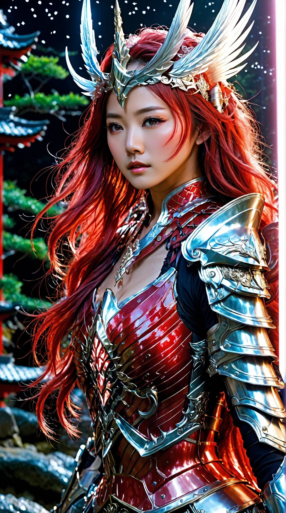 reality，valley，Japanese Magical Beauty Warrior ， long hair, headgear,  wearing light red light armor， Magic Rim， high detail, quality, close-up,  movie light effect , 