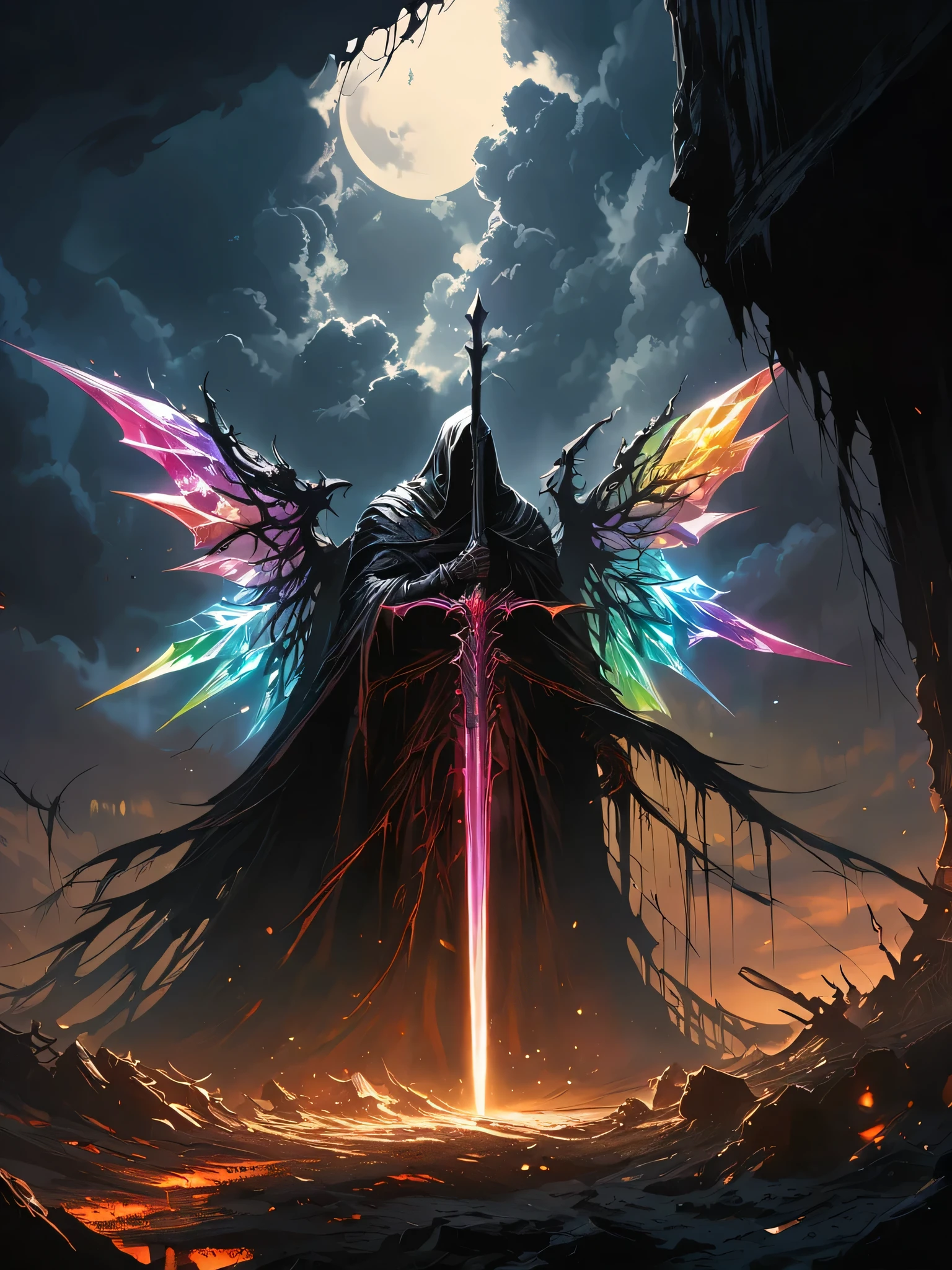 Light brings , colorful giant crystal wings,moonlight, remains，end，war，Ominous clouds,  dark fantasy illustration style , Dark Arts,   high contrast with windows 