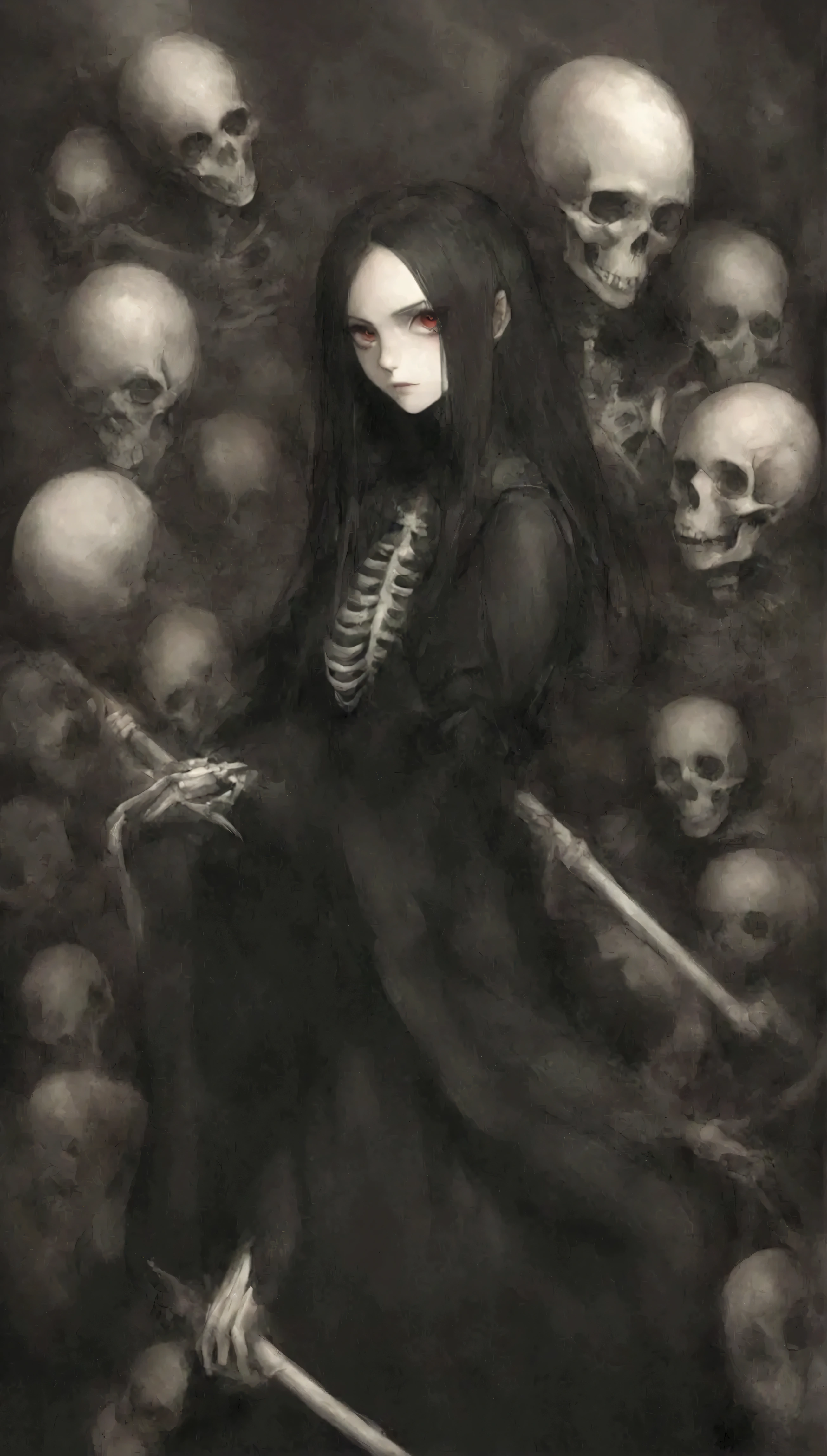  top quality 、masterpiece、 super detailed 、 dark-haired woman, Black Gothic Dress , long dress ,Extremely Dense Faces _pupil,灰色のpupil, Girls and 5 Skeletons 、 Skeletons with Weapons 、 Skeletons A girl who can follow, There's a Skeleton Behind a Girl , Skeletons Have Maces ,Skeleton Eyes Are Red 、  Cartoon Skeletons and Women , witch, Necromancer Girl ,  gothic otome anime girl ,  Pixiv Art Station Google ,  Gweizart Station pixiv ,   beautiful Necromancer Girl  , detailed digital anime art,  Kushart Krenz Key Art Feminine ,  Detailed Anime Character Art ,  Detailed Original Anime Pictures 