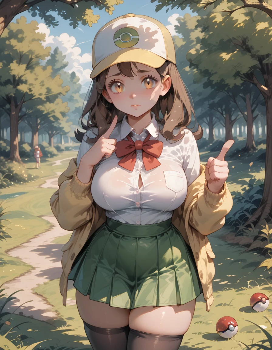 A teen girl with long brown hair, amber eyes, big breasts, thick thighs, white blouse, yellow cardigan, black stockings, green skirt, red ribbon, high school girl, grass, warm light, afternoon, shy gaze, adorable, loli, pokemon trainer, pokeball, pointing finger, meadow, forest, pokemon battle, pokemon cap, pokemon