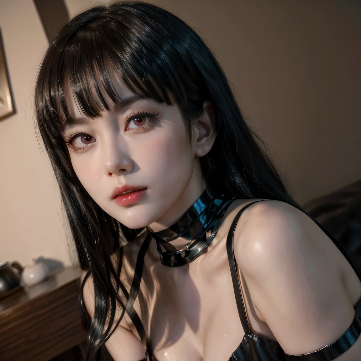 Yor from spy x family, ultra realistic, age 28, pure white skin, dark red pupils, black long hair, open nude, nsfw, perfect face, perfect shape body, huge breasts, clear skin, wet skin, swear skin, black collar chains, seductive, blush, 3d, seductive pose to viewer