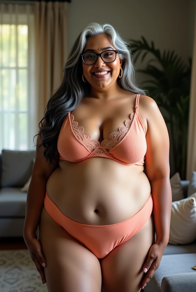 Generate a full body image of a 60 year old mature black woman, naked wearing glasses, with short, wavy black hair, the face with African features and with expression lines of pale age, and large, expressive mouth and lips, and a voluminous bbw body, wide waist and hips, large and saggy breasts, She is next to a bed in humility getting ready to sleep for the night
