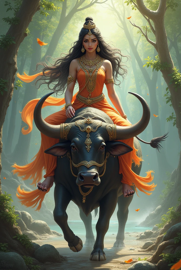 Hindu god vishnumaya kuttichathan on top of buffalo with his kuruvadi with poker face
