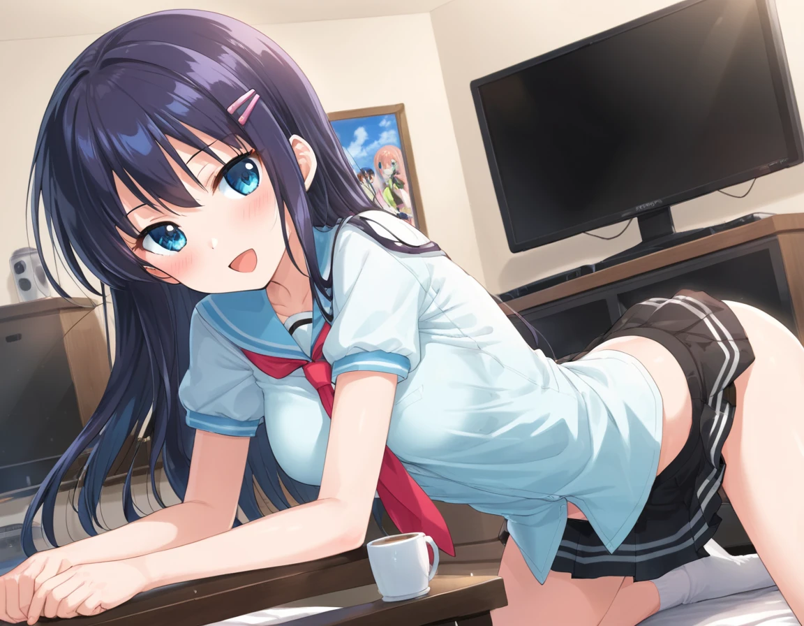 score_9, score_8_up, score_7_up, score_6_up, source_anime,masterpiece,best quality,highres,absurdres,official art,official style,source_anime,anime screencap,anime coloring,megami magazine,anime,animated,BREAK
1girl,Takarada_Rikka, black hair, blue eyes, detailed eyes, long hair, medium breasts, <lora:Takarada_Rikka_Pony:1>
indoor, living room, window, sunny, 
grey sports bra, cleavage, midriff, shiny skin, grey dolphin shorts,(butt crack), thicc, thick thighs, large hip, from behind, pov, (sitting on lap), 1boy, looking at viewer, cleavage, 
<lora:pov_sitting_on_lap_v0.1-pony:1.3>