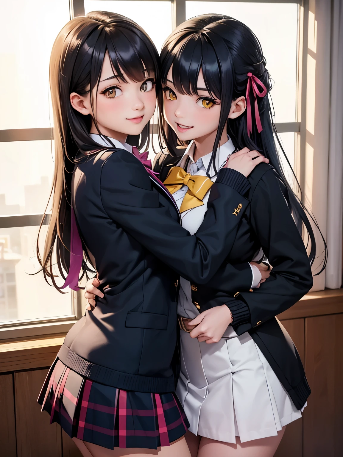  top quality ，8k，smile， blazer，Uniform ribbon， ， high school girl，Multiple girls are depicted ， colorful fashion， harem， idol group， photoshoot， long hair， cardigan， top quality ，Big Breasted ， happy girl , horny girl， yellow eyes，perfect face，Standing， horny girl， girls hugging each other，One person&#39;s Bangs， beautiful eyes,corridor, girls hugging each other, smooth hair ，What hair color does it look like 々，  rolling up her skirt by herself ， beautiful girl ， beautiful girl ，  loose socks