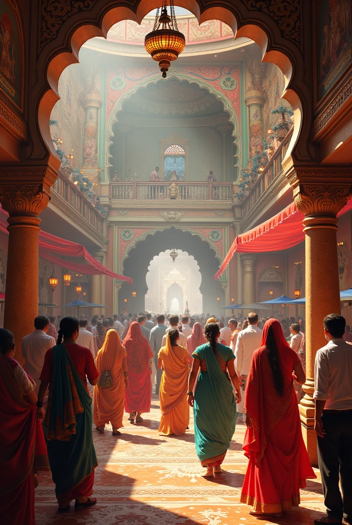 Depict a grand wedding ceremony in an ancient royal palace. Devaki, dressed in traditional bridal attire with intricate jewelry, is being married to Vasudeva, who is also dressed in Indian  Hindu king regal clothing.take reference from Indian movie bahubali. The marriage should being done Hindu traditions 
