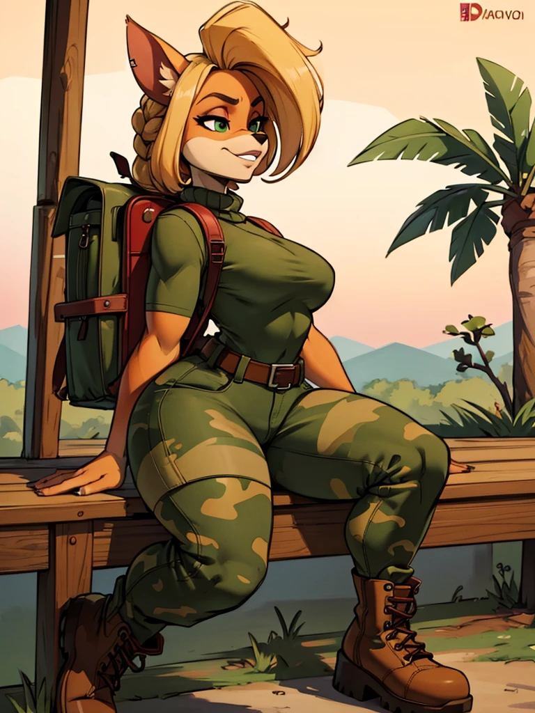 (Best quality,4K,8 k,A high resolution,masterpiece:1.2),ultra detailed,realistic:1.37,portrait,anthro bandicoot girl red, braided hair, beautiful green eyes, sexual relaxing moment, sexual ,seductive, warm sweater, camouflage backpack, glovers, camouflage pants, belt, army boots, grinning, bright colors , Anthro Girl , sweater, backpack, glovers, camouflage pants, army boots, autumn,