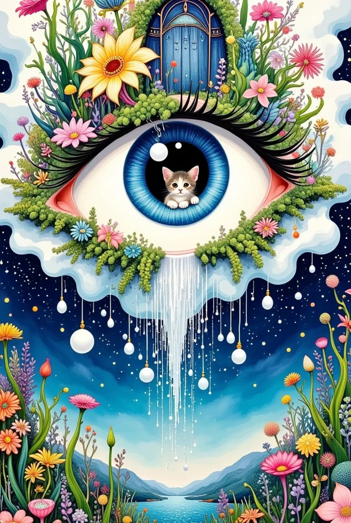  A surreal abstract painting，One Eye，There is a door in the eye ,  a kitten living inside the door , Plants and flowers on lashes，  Pearl tears flowing down  ,  Tears waterfall  , fish,  fantastic illustration , Layered clouds 
