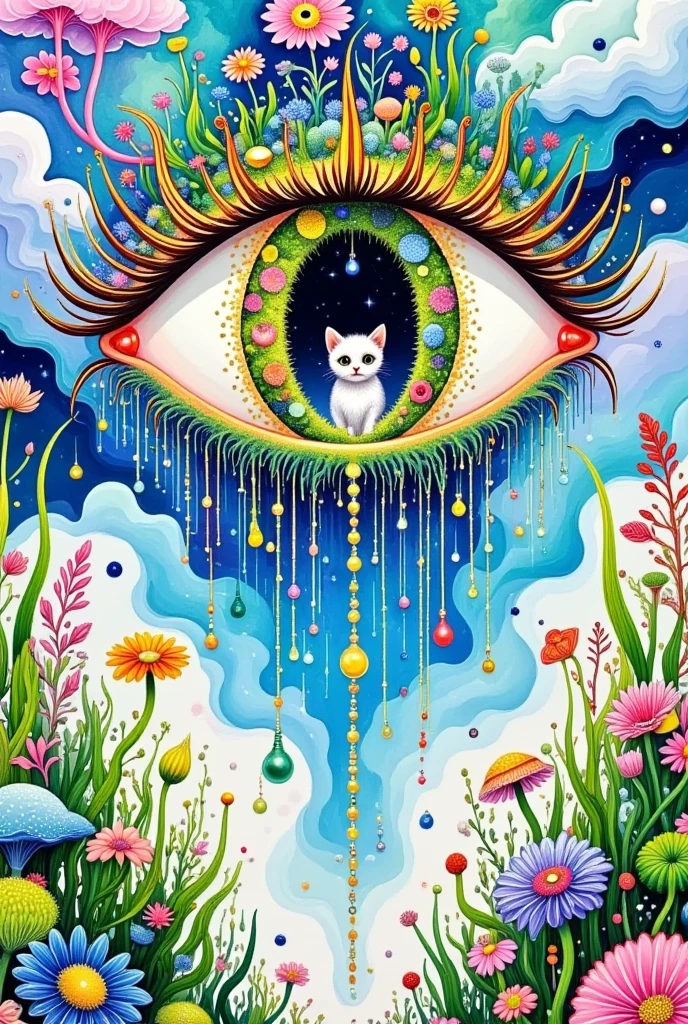  A surreal abstract painting，One Eye，There is a door in the eye ,  a kitten living inside the door , Plants and flowers on lashes，  Pearl tears flowing down  ,  Tears waterfall  , fish,  fantastic illustration , Layered clouds 
