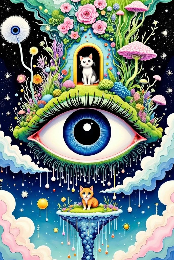  A surreal abstract painting，One Eye，There is a door in the eye ,  a kitten living inside the door , Plants and flowers on lashes，  Pearl tears flowing down  ,  Tears waterfall  , fish,  fantastic illustration , Layered clouds 
