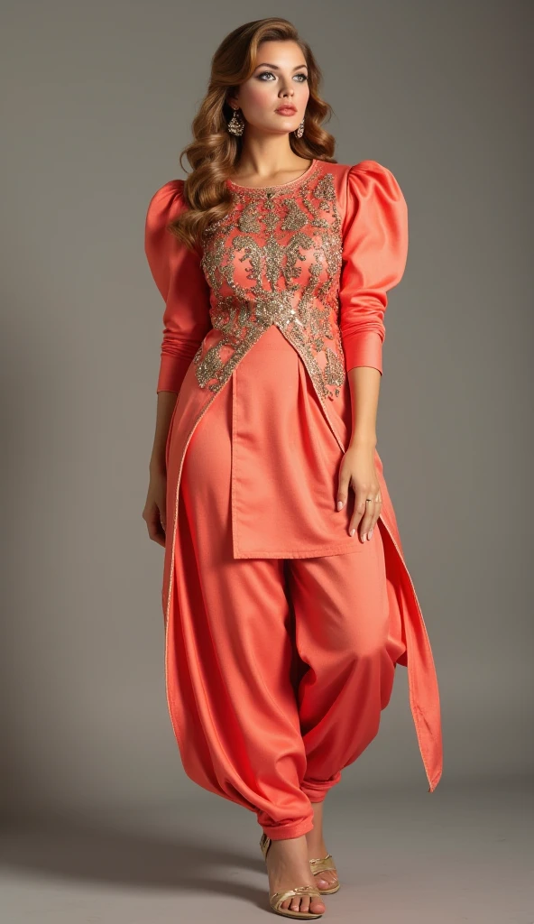 a tall and striking woman with golden-brown hair, exuding confidence and charm. Her flirtatious expression enhances her captivating allure. She is dressed in a stunning Punjabi-style slim-fit outfit made of coral shiny pure soft satin fabric, with multicolor sequins design pattern of her round-neck kurti. The kurti features exaggerated puffy shoulders, adding dramatic flair, while the slim-fit 3/4 sleeves contribute an elegant touch. She pairs the kurti with a flowing dhoti-style shalwar, enhancing the overall sophistication of the look. Her high heels elevate her poised and graceful stance. The combination of these elements creates a look that is both sophisticated and bold, radiating an alluring energy.