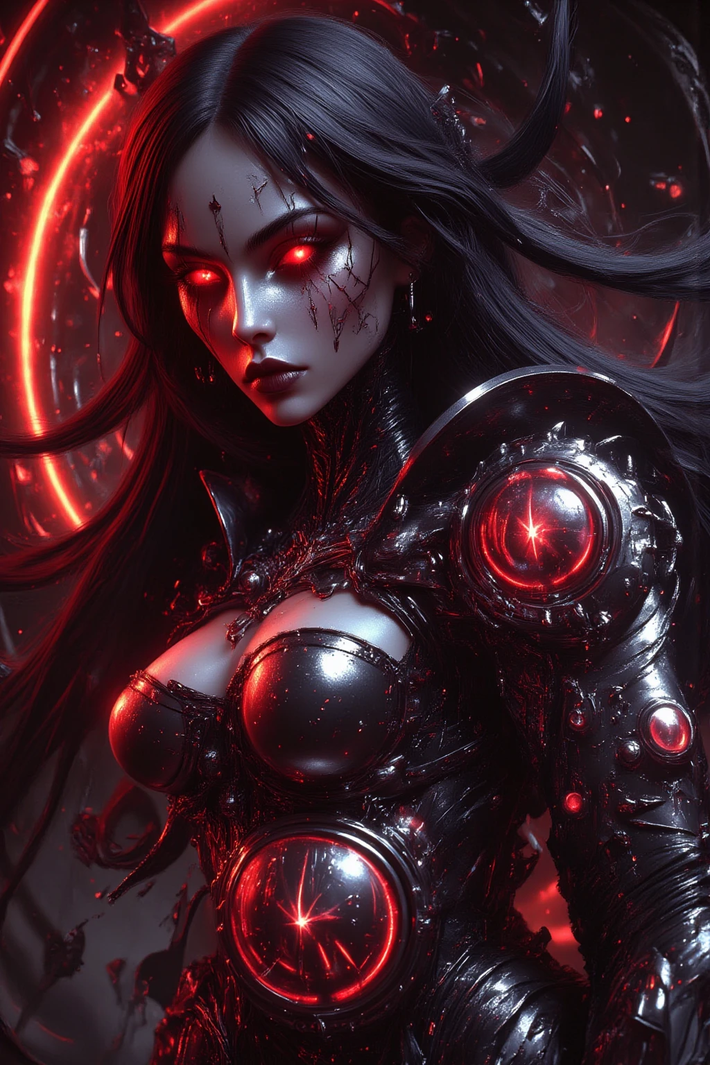Megan fox as female carnage/witchblade, (red carnage witchblade muscular physique:1.25), (carnage/witchblade anatomy:1.25), (cybernetic tentacles extending from head:1.25), (mouth wide open, carnage style), (perfect hands with witchblade claws:1.26), Realistic, Very detailed face and eyes, (masterpiece:1.1), (best quality:1.1), (beautiful girl face:1.45)