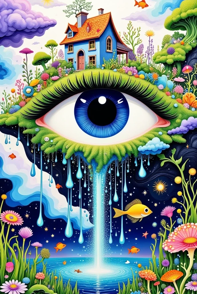  A surreal abstract painting，One Eye，I have a house on my eyes, Plants and flowers on lashes，  Pearl tears flowing down  ,  Tears waterfall  , fish,  fantastic illustration , Layered clouds 
