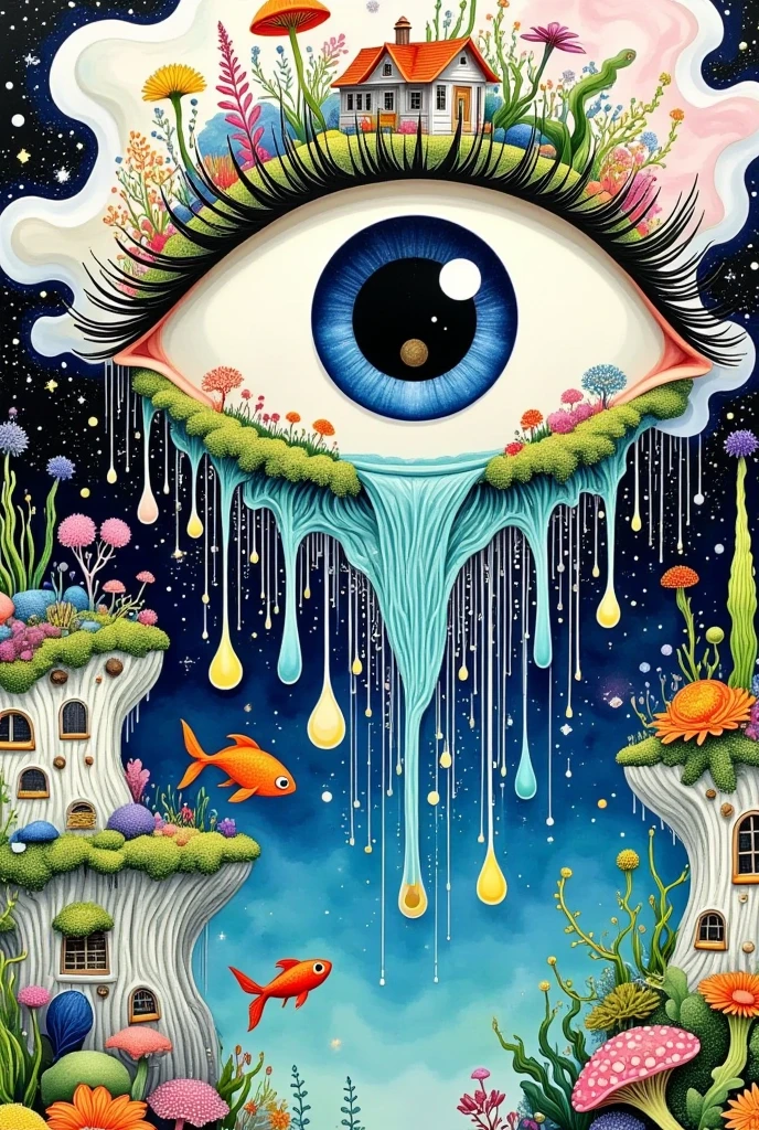  A surreal abstract painting，One Eye，I have a house on my eyes, Plants and flowers on lashes，  Pearl tears flowing down  ,  Tears waterfall  , fish,  fantastic illustration , Layered clouds 
