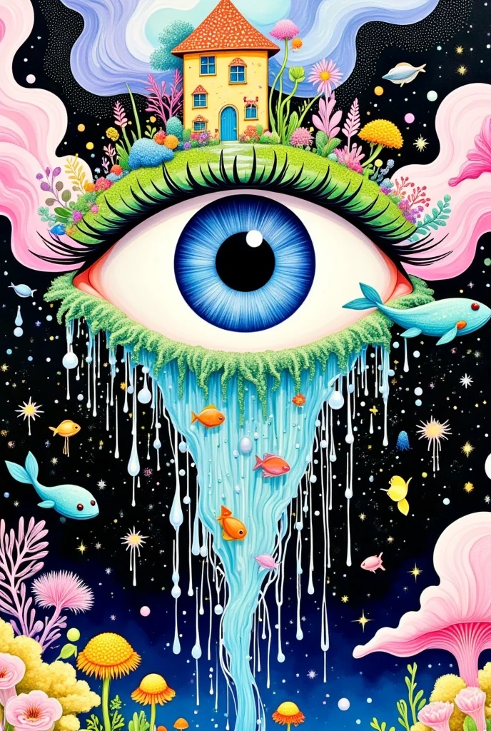  A surreal abstract painting，One Eye，I have a house on my eyes, Plants and flowers on lashes，  Pearl tears flowing down  ,  Tears waterfall  , fish,  fantastic illustration , Layered clouds 
