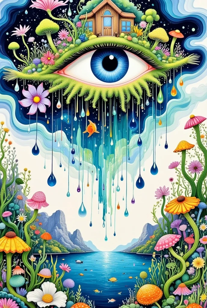  A surreal abstract painting，One Eye，I have a house on my eyes, Plants and flowers on lashes，  Pearl tears flowing down  ,  Tears waterfall  , fish,  fantastic illustration , Layered clouds 
