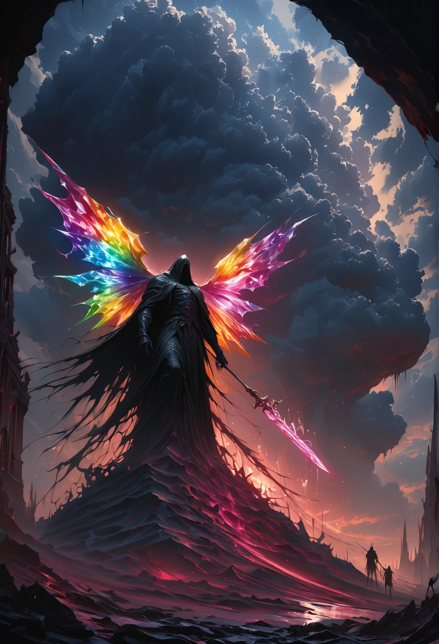 ( masterpiece,  best quality: 1.2), Hell Devil, colorful giant crystal wings,moonlight, remains，Ominous clouds,  dark fantasy illustration style , Dark Arts,   high contrast with a window ,  Dark Shadows ,  atmospheric perspective , Melancholic colors,  movie composition , Volumetric Lighting, number,  Brush Strokes ,   Dramatic Lighting  ,  low angle,  Surrealism ,   Super Detailed ,  hyperrealism