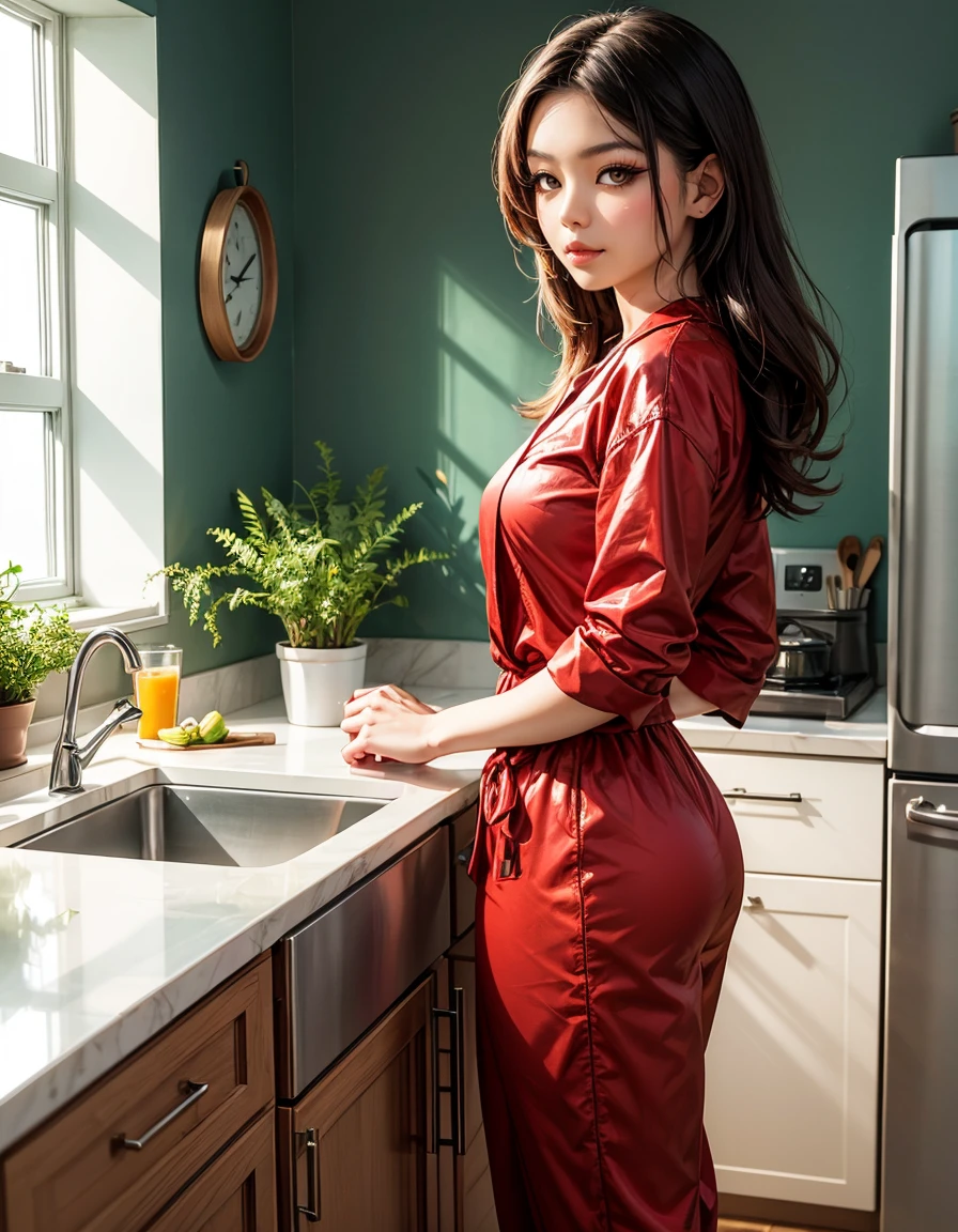 tv_Martina_Wilson_MXAI_V1, wearing red ballgown, standing, smiling expression, from behind , in a modern kitchen