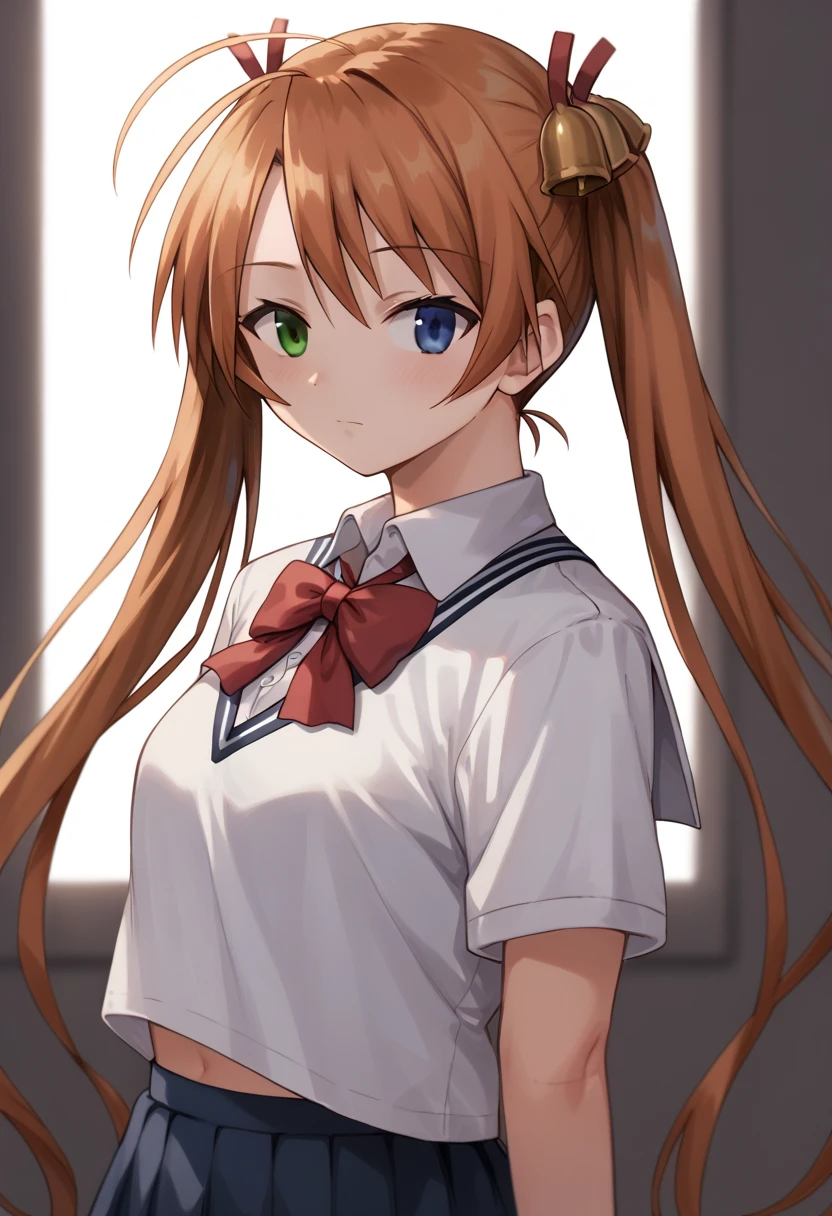 kagurazaka asuna, ahoge, twintails, hair bell, heterochromia, green eyes, blue eyes, school uniform