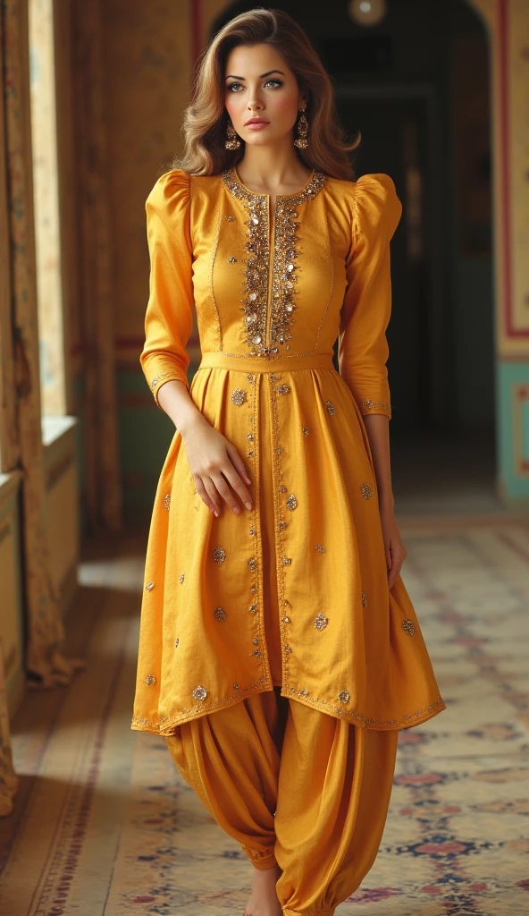 a tall and striking woman with golden-brown hair, exuding confidence and charm. Her flirtatious expression enhances her captivating allure. She is dressed in a stunning Punjabi-style slim-fit outfit made of mustard shiny pure soft satin fabric, with multicolor sequins design pattern of her round-neck kurti. The kurti features exaggerated puffy shoulders, adding dramatic flair, while the slim-fit 3/4 sleeves contribute an elegant touch. She pairs the kurti with a flowing dhoti-style shalwar, enhancing the overall sophistication of the look. Her high heels elevate her poised and graceful stance. The combination of these elements creates a look that is both sophisticated and bold, radiating an alluring energy.