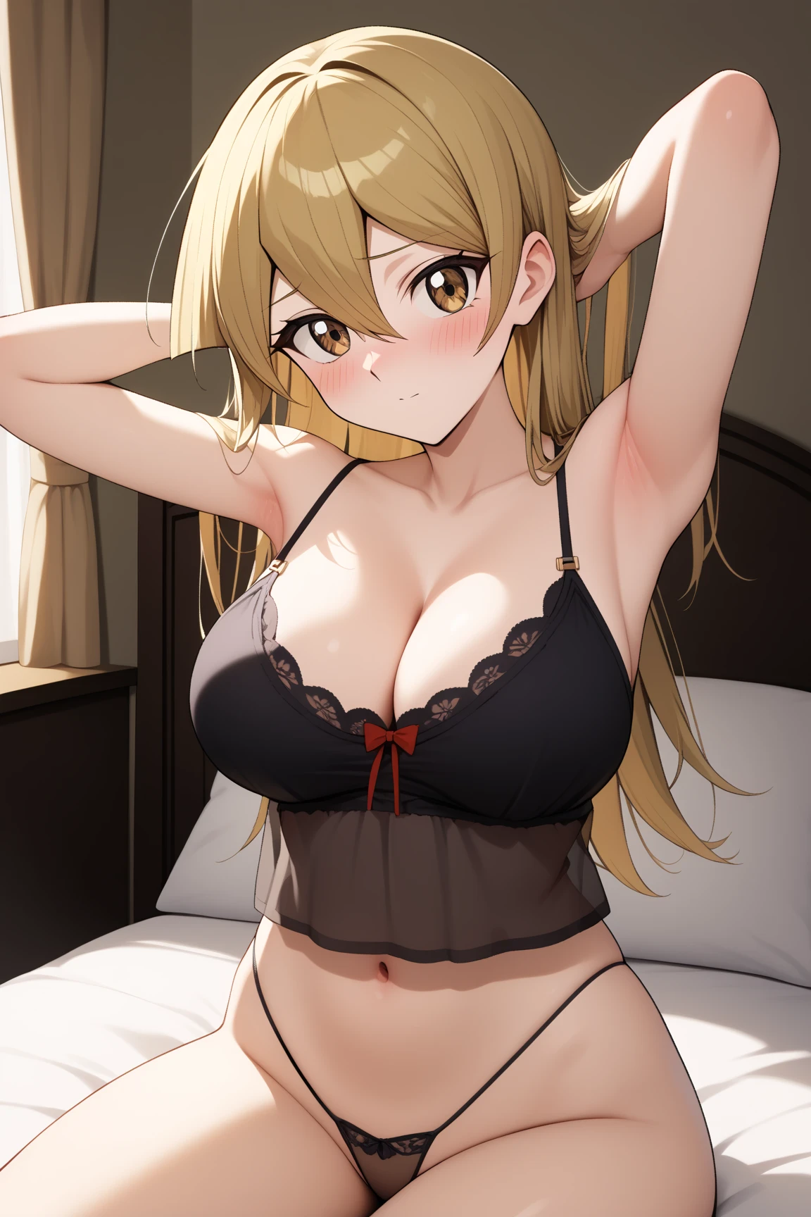 masterpiece,best quality,{{detailed beautiful face and eyes}}, 
Tenjouin Asuka,long hair,blonde hair,hair between eyes,brown eyes,large breasts,
(black see-through camisole:1.2), cleavage, black side-tie panties,(special occasion thong panties:1.3),wariza,armpits,
1girl,(is embarrassing,big blush,closed mouth:1.0),
 ((sitting on bed,cowboy shot,looking at viewer:1.2)), 
(bedroom:1.0),clothed