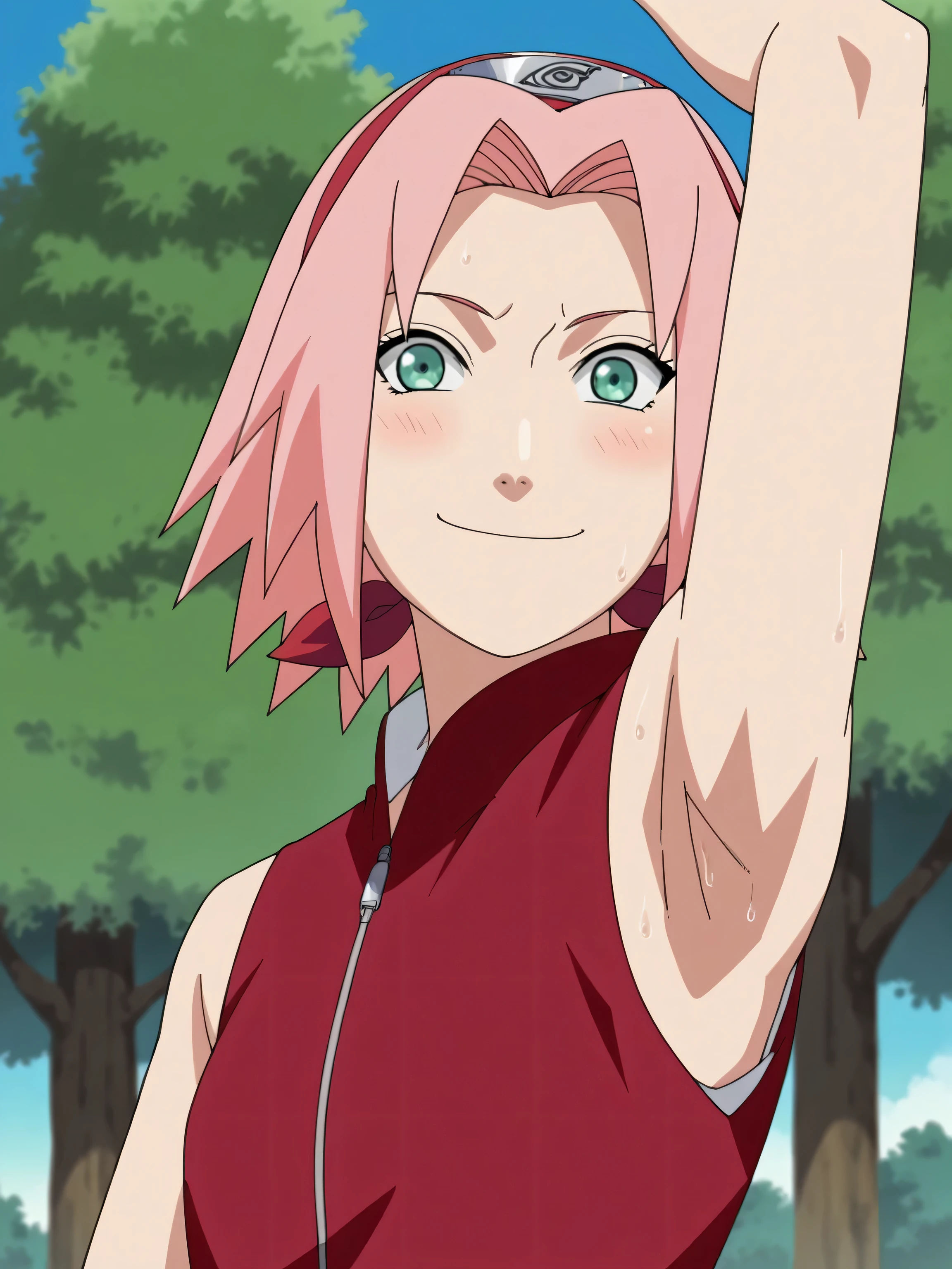 score_9, score_8_up, score_7_up, source_anime, anime screencap, 1girl, solo, sakura haruno, sleeveless,forehead protector,hairband, bare_shoulders, red_shirt, konohagakure symbol,short hair, arm up, raised arm, armpit, looking at viewer, head towards viewer, badhandv4, from side, from below, smile, closed mouth, smug, pinning down viewer, outdoors, day, forest, blush, sweaty,