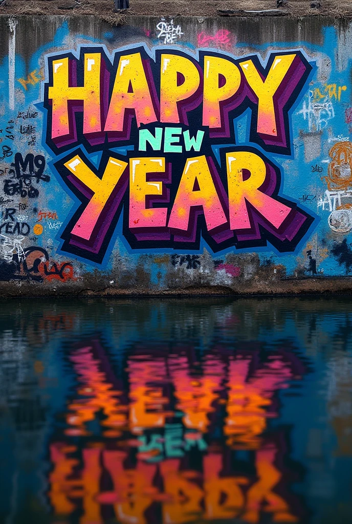 ultra-realistic, photorealistic, high color, extremely high color saturation, all colors deepened, paint, graffiti art, center composition, extremely detailed light and shadow, graffiti wall, wall painted bright with text "Happy New Year".The text is reflected in the lake.