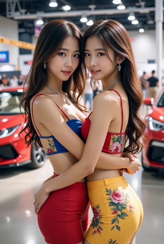Two women in bikinis sitting in the back seat of a car, bottom angles, & jeehyung lee & Phlegm sputum, phlegm, two models in the frame, beautiful alluring women, Side shot, bottom shot, Sexy girl, shot on nikon d 3 2 0 0, posing together in bra, Girl, chinnese mafia, ren heng, Asian women, hot with shining sun