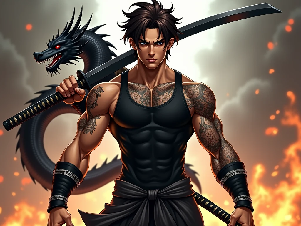 A samuray man with a blanket kneeling doing harakiri and having a spirit come out of him, something like a dragon or something related to Japanese culture in black and white This image is for a tattoo on the arm