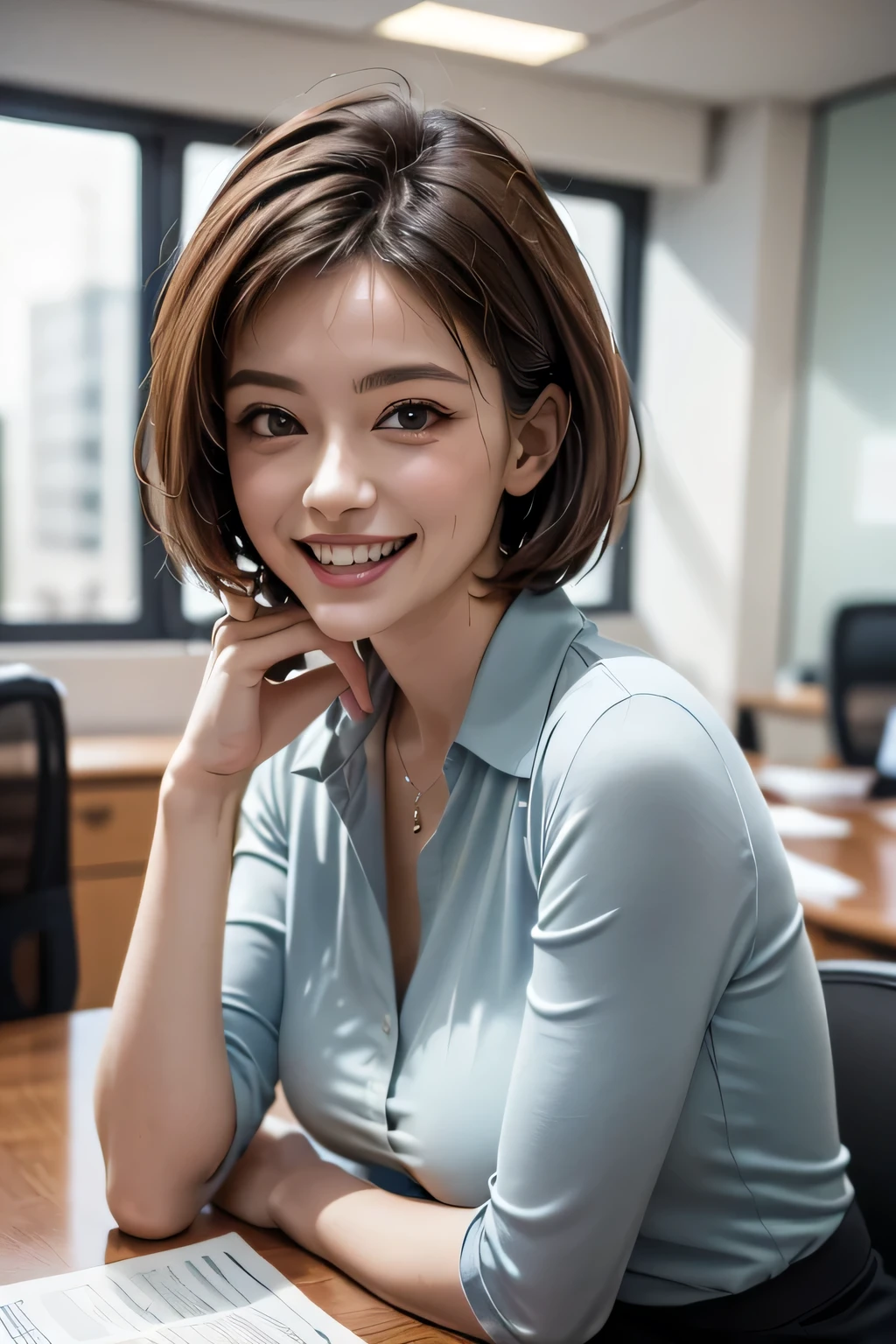 ((  masterpiece )), ((   top quality )), ((16k)), ((   surreal)), (( realistic)), (  mature), (( classes )),    very detailed , ( 1 Woman ), Beautiful and exquisite, (Beautiful Teeth), grin,  brunette pixie cut,    brown eyes  , (( blue blouse )), (   upper body), ((Office District)),    perfect eyes, amazing eyes,   Look at the audience with your body facing forward 