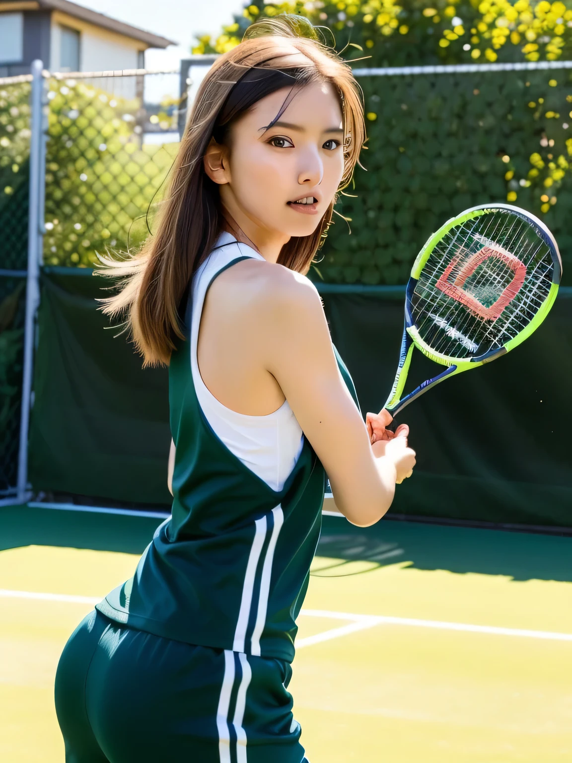 (((Perfect anatomy, with detailed depictions of the limbs))),(((A beautiful 20-year-old tennis player in a white sun visor, tankini, tennis skirt and shoes is playing a match on the centre court at Wimbledon, holding her racket firmly and with a serious look in her eyes.))),(Use one racket),(((It captures the essence of her athleticism and energy.))),Shiho looks cute in a ponytail,Hasselblad's deep depth of field,((portraying the motion and grace of tennis))),showing the wind blowing her ポニーテール and clothes,4K shooting from a low angle,Outdoor,Scorching Sunshine,Detailed Background,Packed seats,Best image quality,Professional perspective,Excellent detail,Ultra-high resolution,Realistic:1.4),Attention to detail,Concentrating beauty on one girl,beautiful chestnut hair,繊細でHigh noseを持つ美しい顔,Long limbs like a model,Tight waist,((Dramatic beauty)),Beautiful bokeh with deep depth of field,4K,Gothic,4K Digital SLR Camera,Fujifilm XT3 style,(Saiharu Body),(Delicate eyes and face),Professional Perspective,Amazing details,(1girl condenses exceptional beauty),繊細でHigh noseを持つ美しい顔,High nose, Clear chestnut eyes that glorify the light, Glossy red lips, light makeup,