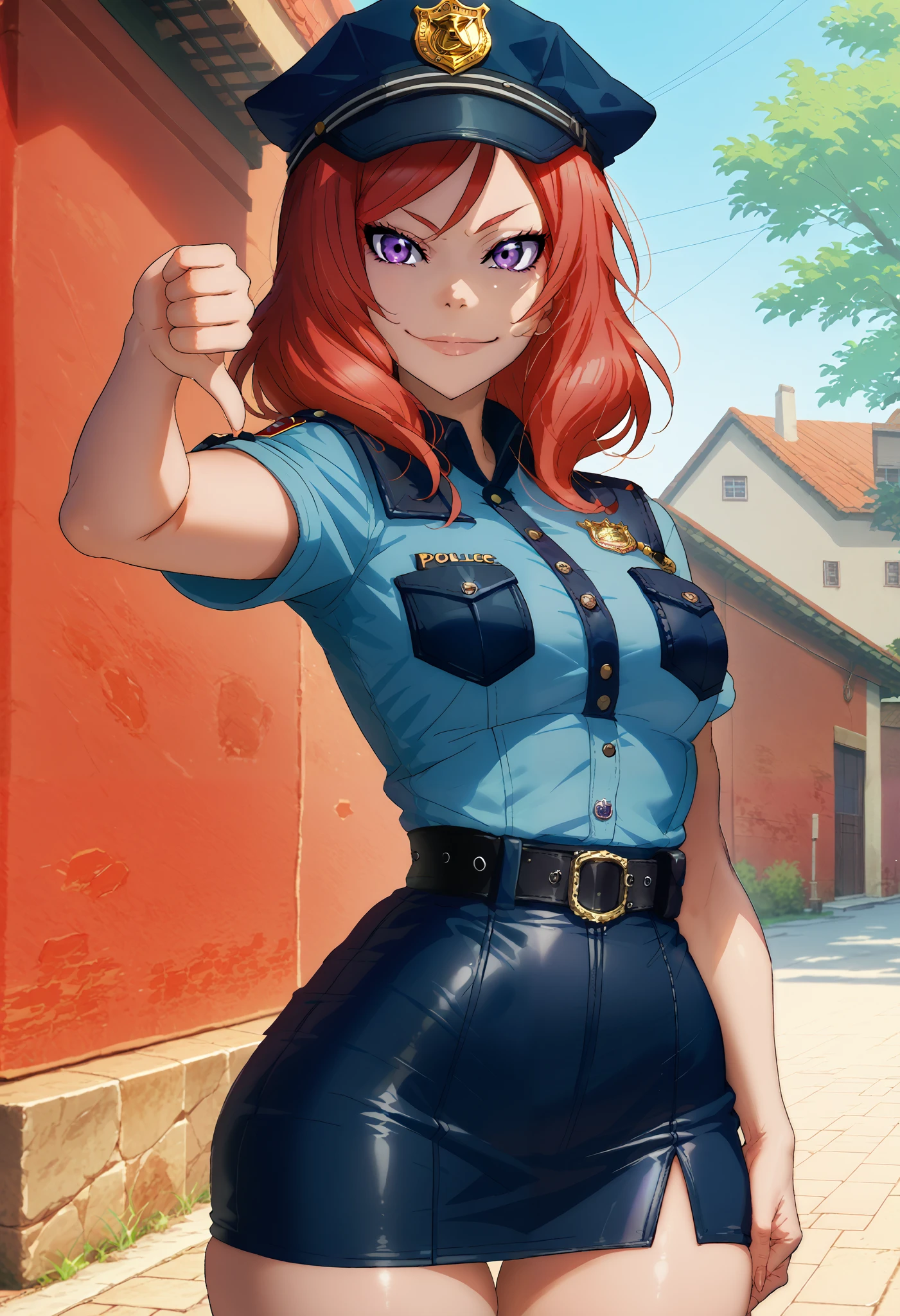 Female, Red hair, nishikino maki, Outdoors, RUKIA Style,purple eyes,looking at viewer,seductive smile,thin torso, narrow waist, police clothes,short skintight skirt, police cap, thumbs down