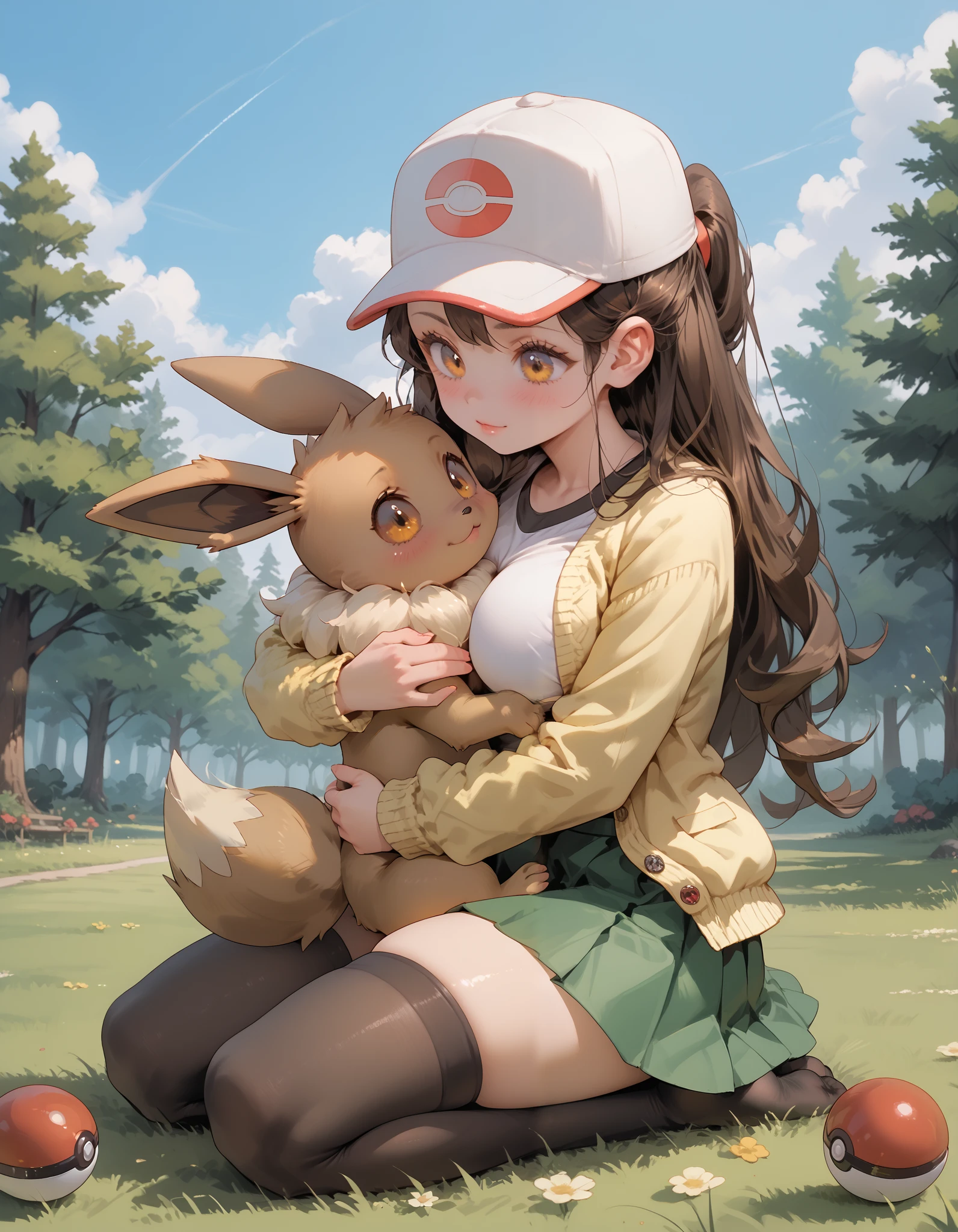 A teen girl with long brown hair, amber eyes, big breasts, thick thighs, white blouse, yellow cardigan, black stockings, green skirt, red ribbon, high school girl, grass, warm light, afternoon, shy gaze, adorable, loli, pokemon trainer, pokeball, meadow, forest, pokemon battle, pokemon cap, pokemon, hugging, hugging a eevee, eevee