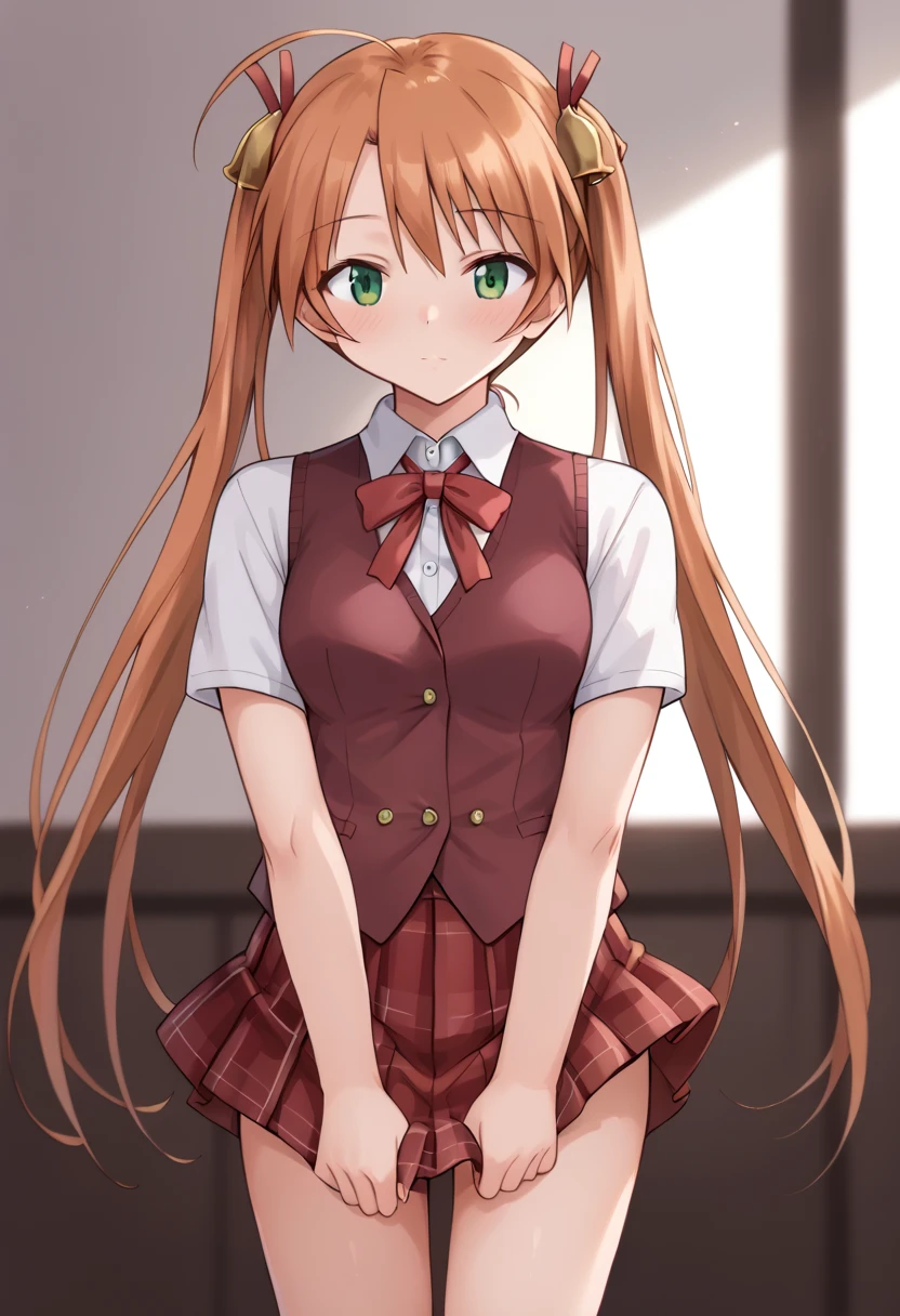 agurazaka asuna, ahoge, twintails, hair bell, green eyes, school uniform, red vest, neck ribbon, short sleeves, red skirt, plaid skirt, レイプ, 後ろからのアングル, standing doggy, パンティ, lift up skirt,