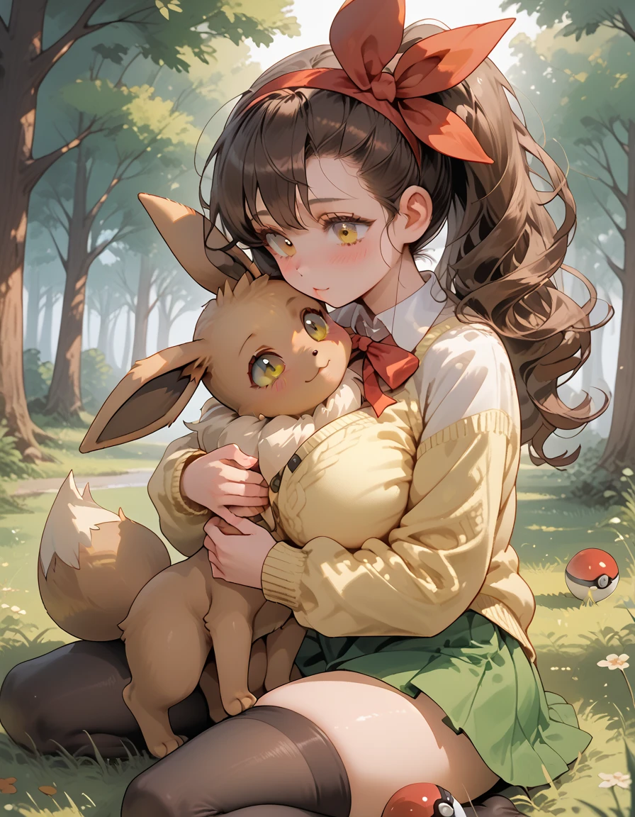 A teen girl with long brown hair, amber eyes, big breasts, thick thighs, white blouse, yellow cardigan, black stockings, green skirt, red ribbon, high school girl, grass, warm light, afternoon, shy gaze, adorable, loli, pokemon trainer, pokeball, forest, pokemon, hugging, hugging a eevee, eevee, filtering lighting, light filtering through leaves, raytracing, chiaroscuro lighting