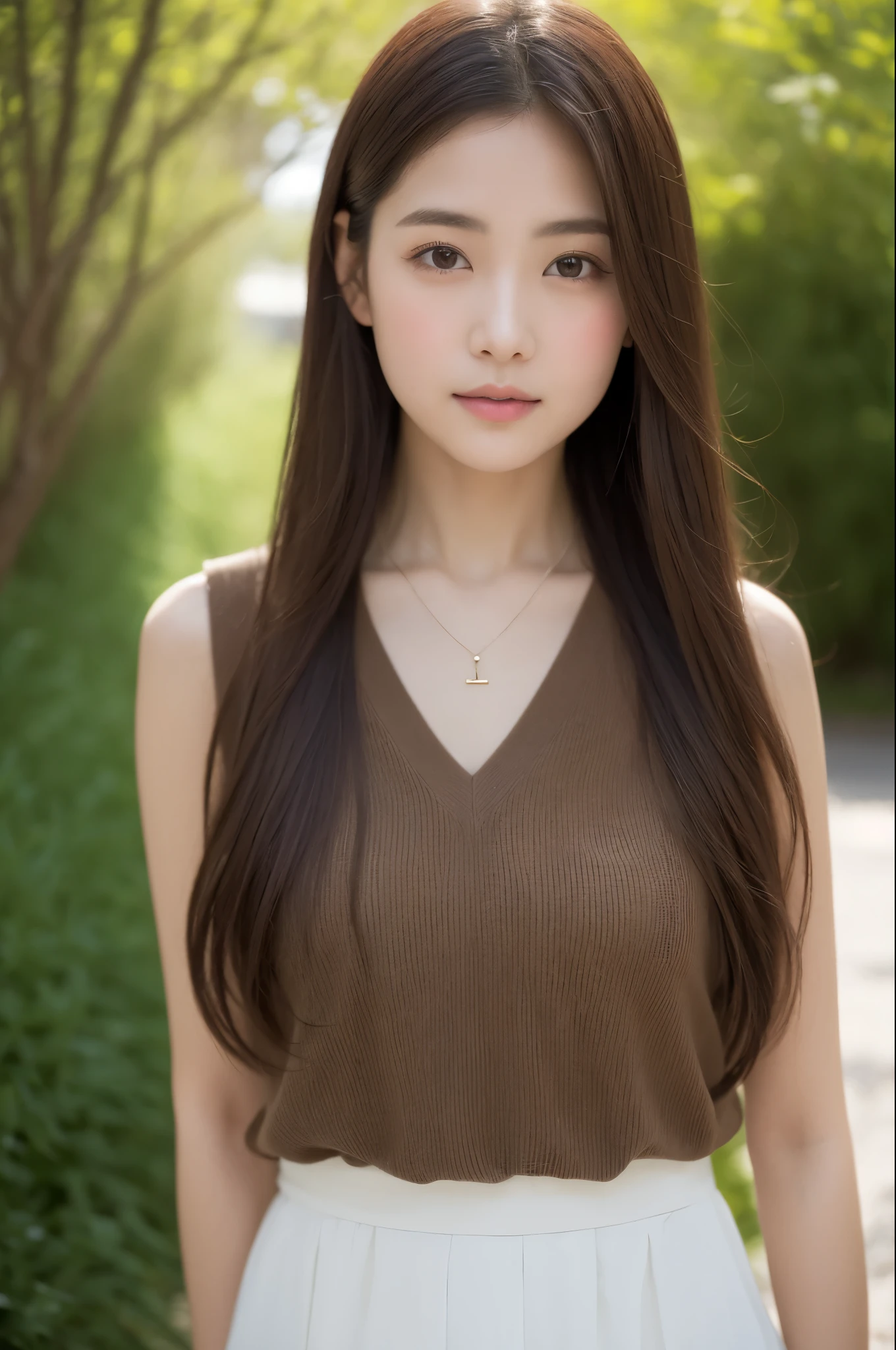 8K, Best Quality, masutepiece, Highly detailed, reallistic, girl with, 20 years old, looking hand, long dark brown hair with bangs,,Curly hair, Green eyes, Black Japanese style cut clothes, White shorts, Wearing ultra-realistic pantyhose、Bare shoulders, make - up、golden details, Cold expression, Battle Scenes, Outdoors, Forest background, lots of trees々And the dark sky