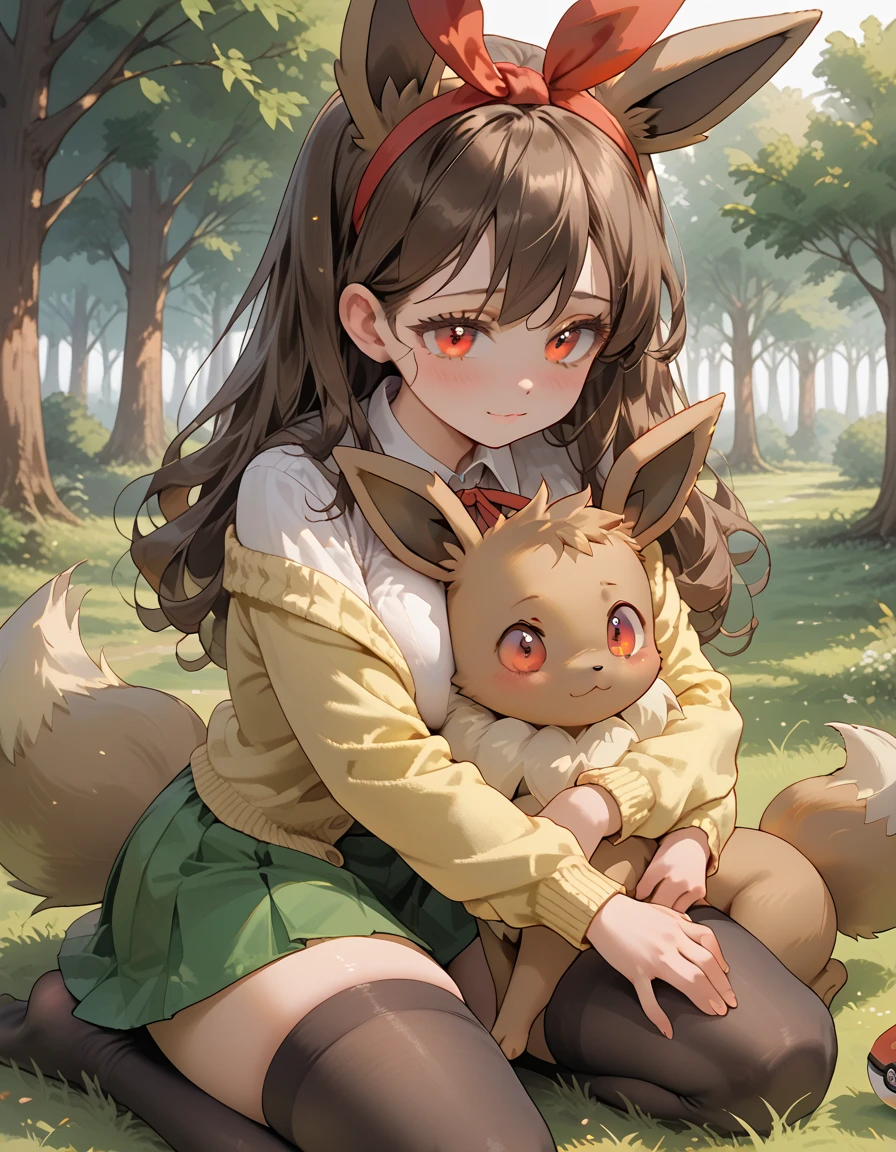 A teen girl with long brown hair, amber eyes, big breasts, thick thighs, white blouse, yellow cardigan, black stockings, green skirt, red ribbon, high school girl, grass, warm light, afternoon, shy gaze, adorable, loli, pokemon trainer, pokeball, forest, pokemon, hugging, hugging a eevee, eevee, filtering lighting, light filtering through leaves, raytracing, chiaroscuro lighting