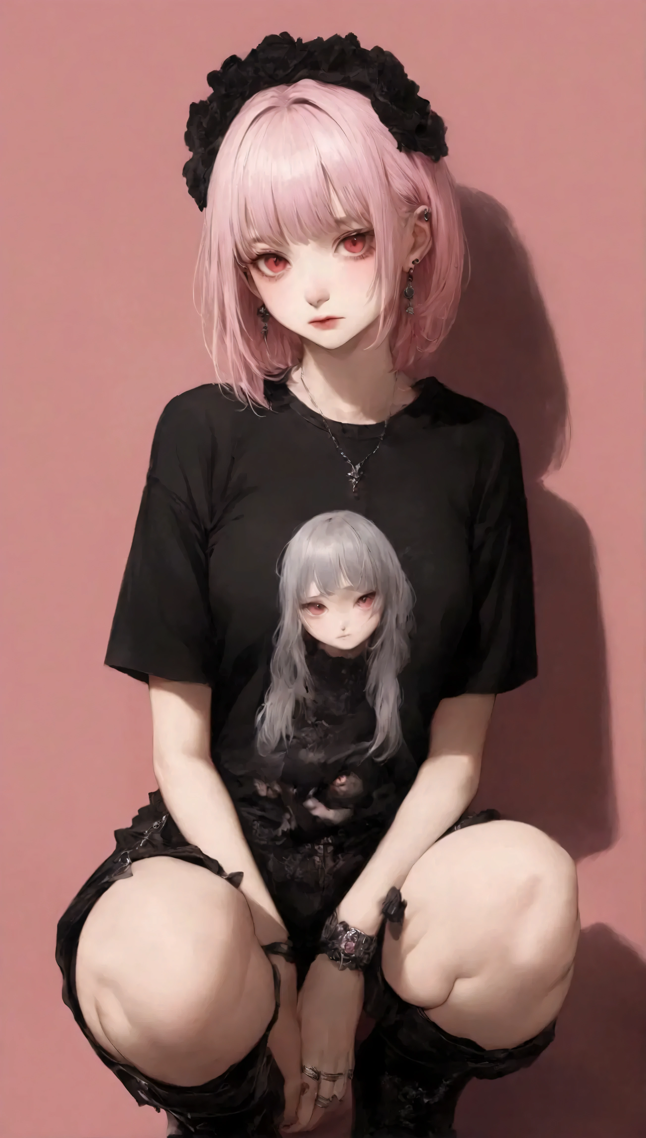 Earrings of a single woman wearing a raw photo 、 realistic、 top quality 、masterpiece、 perfect anatomy、B pink background. Black and White, Golden Striped Hair , super cute girl , red eyes. squat, Gothic Tee , Gothic Shorts , black boots , tsundere sister , ring , pink background, Anime-Style Art , Detailed Illustration , bright color , soft lighting , focused gaze, Edgy Look , Expressive , Unique style , Eye Catching , , Hair Detail , realistic shadows, 8k