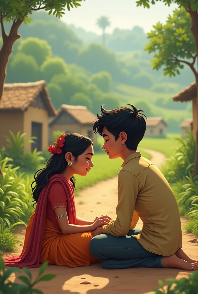 A cute teenager chubby boy with light facial hairs with a beautiful teen slim girl sitting together on a Indian school bench