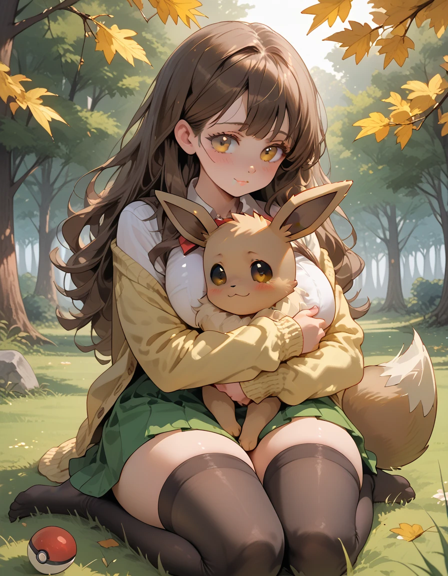 A teen girl with long brown hair, amber eyes, huge breasts, thick thighs, white blouse, yellow cardigan, black stockings, green skirt, red ribbon, high school girl, grass, warm light, afternoon, shy gaze, adorable, loli, pokemon trainer, pokeball, forest, pokemon, hugging, hugging a eevee, eevee, filtering lighting, light filtering through leaves, raytracing, chiaroscuro lighting