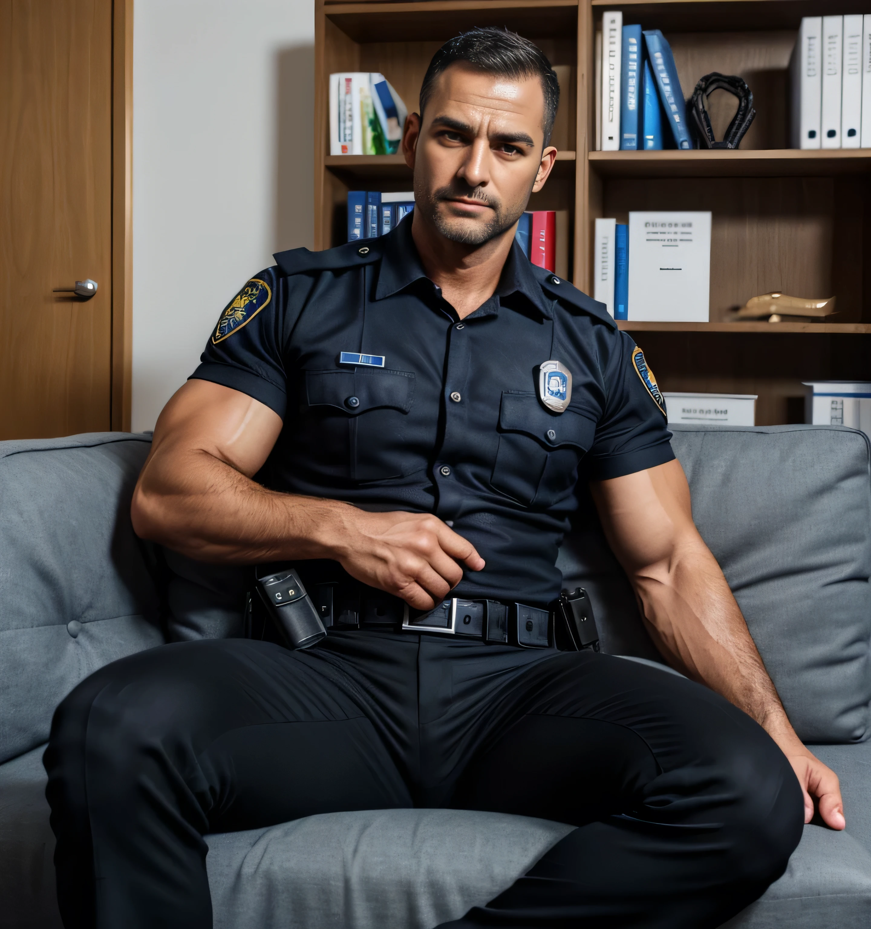 40 year old handsome guy , One Man,、 muscularity、 Israeli,。 policeman's uniform、 black slim pants 、Short Hair、office、 sit on the sofa、 policeman's uniform、 black slim pants 、 upper body up Israeli, front Menacing look policeman's uniform