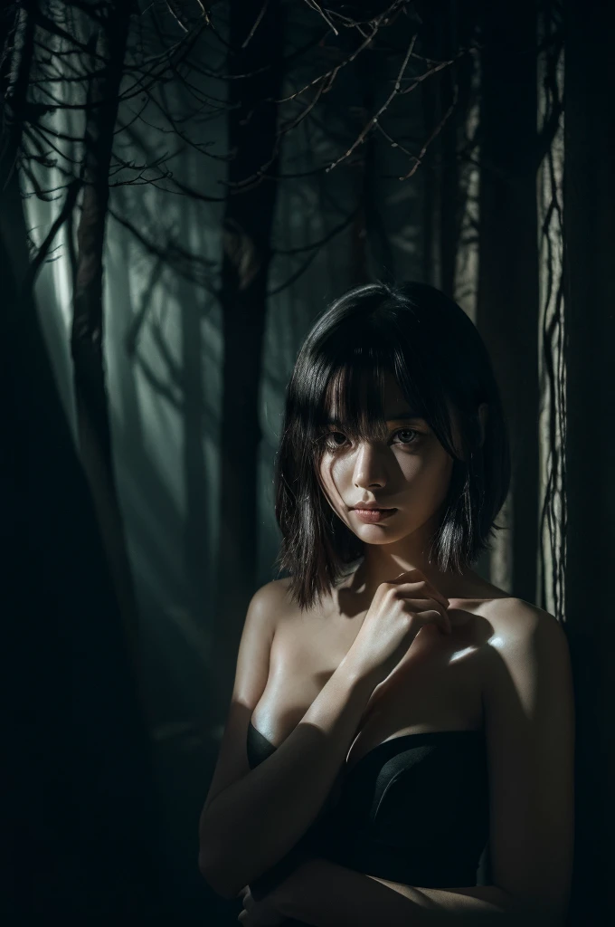 Create an ultra-realistic abstract art piece that evokes a sense of unease and contemplation without focusing on human faces. The image should feature a dark, surreal landscape with twisted, barren trees and a foggy atmosphere. In the center, place a distorted, humanoid silhouette surrounded by floating, fragmented mirrors that reflect distorted shapes and shadows. Use muted colors and sharp contrasts to enhance the eerie and unsettling mood. Incorporate symbolic elements like broken clocks, melting candles, and twisted pathways to represent confusion and disorientation. The overall scene should provoke thought and emotion, conveying a deep message about the human condition and psychological turmoil. Avoid prominent human facial features, focusing instead on abstract, symbolic representations.